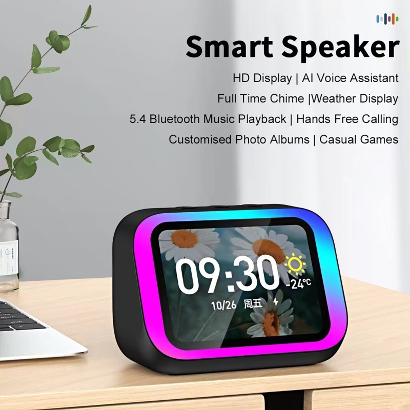 Woofer - KI-Sprachassistent Bluetooth-Lautsprecher mit RGB-Farbbeleuchtung, Wecker, LED-Bildschirm,